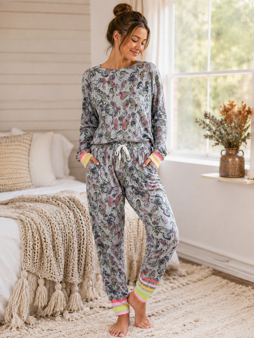 PJ Salvage Butterfly Pajama Set Womens L Gray Neon Stripe Lounge Sleepwear New